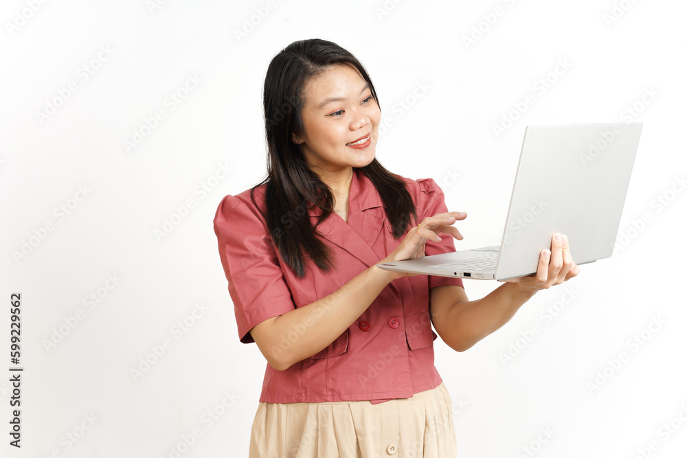Standing and Working With Laptop Of Beautiful Asian Woman Isolated On White Background Standing and Working With Laptop Of Beautiful Asian Woman Isolated On White Background