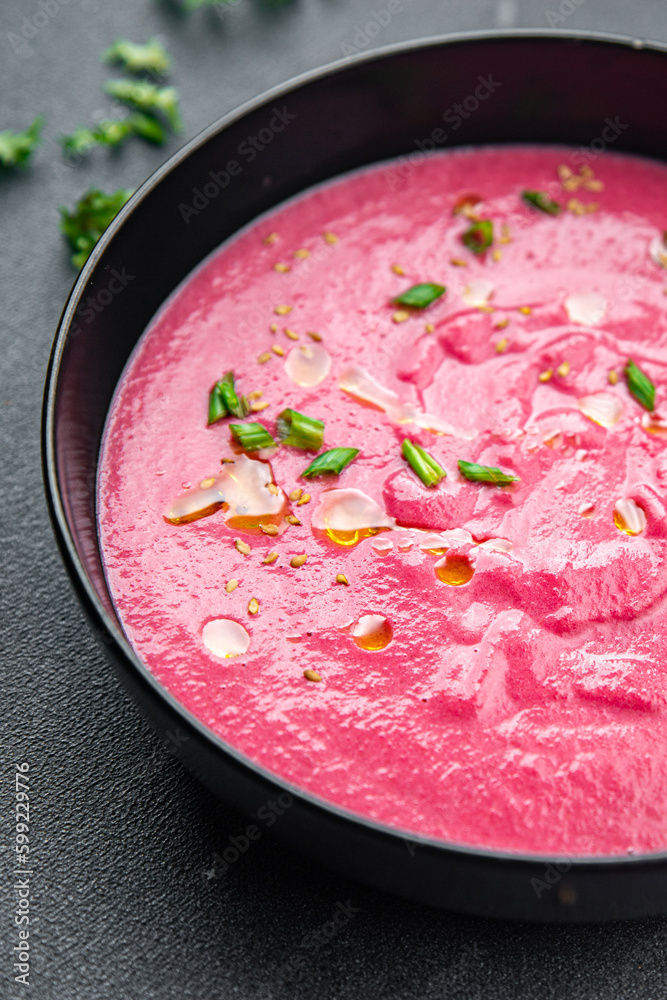 cream soup beetroot beets, leeks, potatoes first course healthy meal food snack on the table copy space food background rustic top view keto or paleo diet veggie vegan or vegetarian food cream soup beetroot beets, leeks, potatoes first course healthy meal food snack on the table copy space food background rustic top view keto or paleo diet veggie vegan or vegetarian food