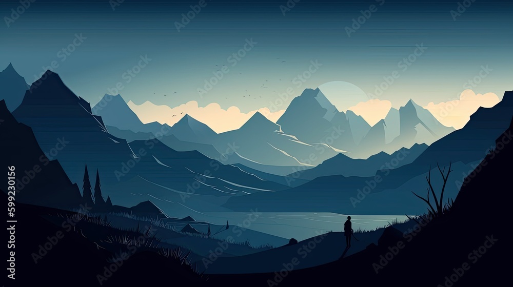 Melancholic mountain landscape illustration, desktop background, generative AI