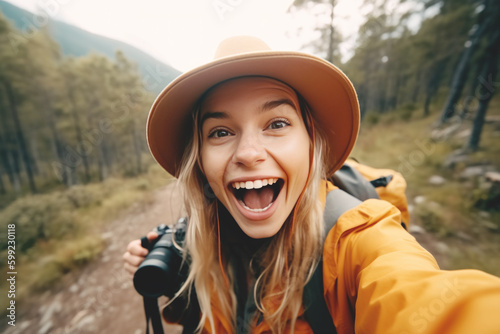 Happy female tourist with backpack taking selfie picture with smartphone, Generative Ai 