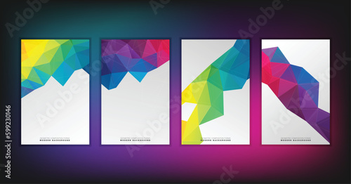 Abstract geometric composition forms modern background with decorative triangles and patterns backdrop vector illustration set