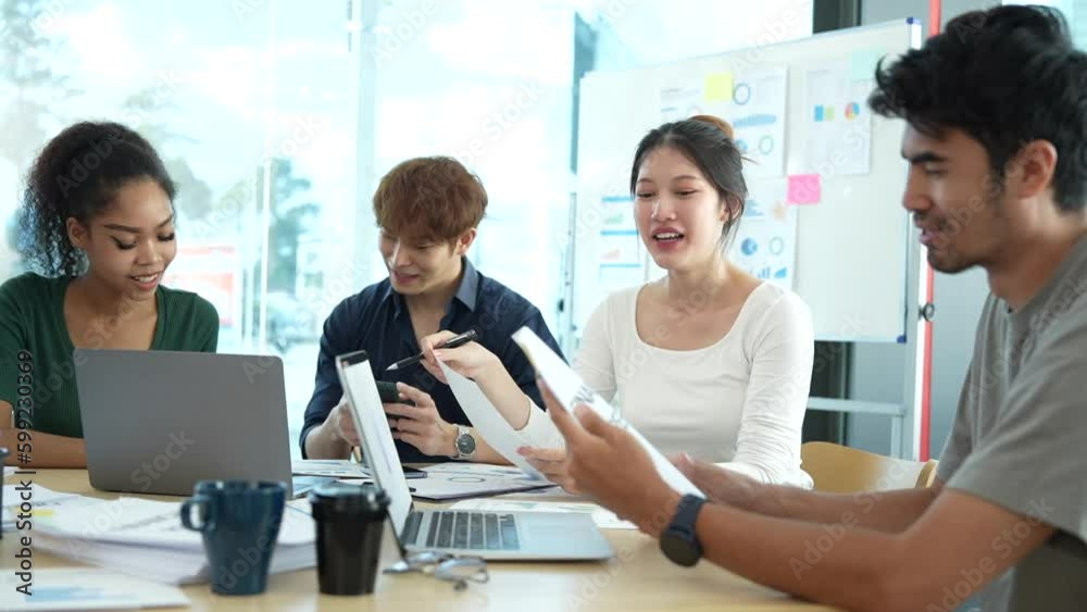Office conference room meeting diverse team of young investors, workers, developers work on creative e-commerce digital startup. group of multi-ethnic business professionals Office conference room meeting diverse team of young investors, workers, developers work on creative e-commerce digital startup. group of multi-ethnic business professionals