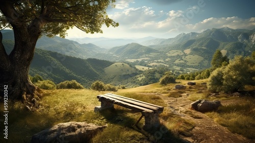 Illustration of a panorama view of a beautiful european mountain landscape with a bench, generative AI