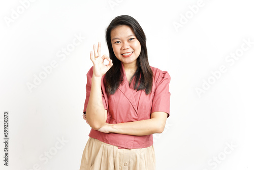 Showing OK Approved sign Of Beautiful Asian Woman Isolated On White Background