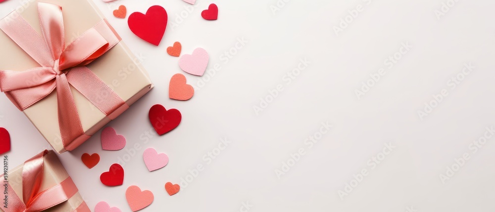 Gifts decorated with hearts. With free space for text on a white background. Valentine's Day concept with gifts and hearts background. Generative AI Gifts decorated with hearts. With free space for text on a white background. Valentine's Day concept with gifts and hearts background. Generative AI