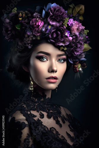 portrait of a woman in black top and with purple flowers in her hair. Generative AI image.