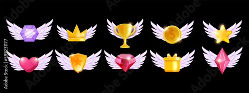3D game icon set, cartoon vector casino UI kit, golden coin winner trophy cup wing, achievement star. Victory level up gift, crystal gem stone prize, reward present badge, shield. Game icon mobile app