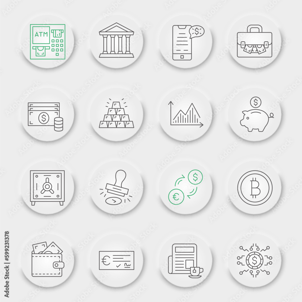 Finance line icon set, money symbols collection, vector sketches, neumorphic UI UX buttons, banking signs linear pictograms package isolated on white background, eps 10. Finance line icon set, money symbols collection, vector sketches, neumorphic UI UX buttons, banking signs linear pictograms package isolated on white background, eps 10.