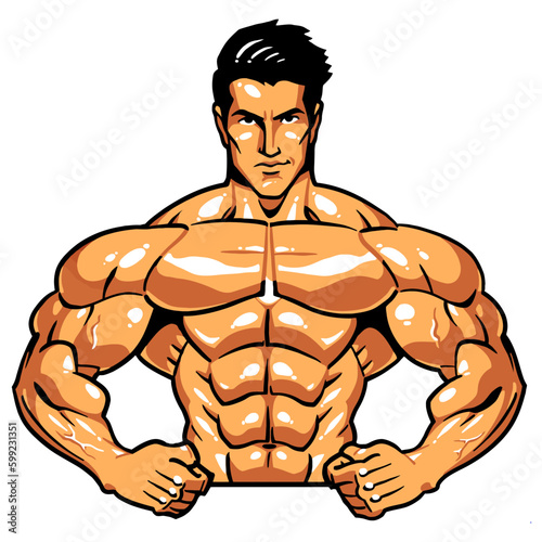 Muscular torso with hands on the belt fitness man, vector, logo, cartoon, mascot, character, illustration