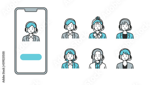 スマホに映るヘッドセットをしているスーツの女性 - ビジネスコミュニケーション向けベクターイラスト素材
