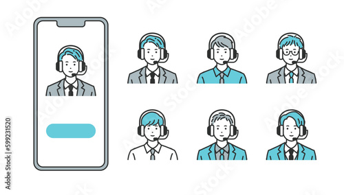 スマホに映るヘッドセットをしているスーツの男性 - ビジネスコミュニケーション向けベクターイラスト素