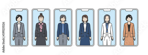 スマホに映るスーツの女性 - ビジネスシーンで活躍するベクターイラスト素材