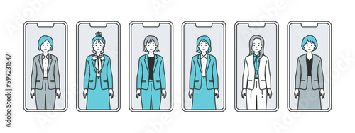 スマホに映るスーツの女性 - ビジネスシーンで活躍するベクターイラスト素材