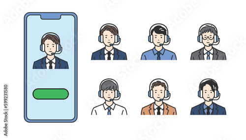 スマホに映るヘッドセットをしているスーツの男性 - ビジネスコミュニケーション向けベクターイラスト素