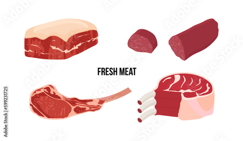 Set of different cuts of meats. Pork belly, Boneless and fatty cut of meat from the belly of a pig. Beef fillet, fresh tenderloin steak. Piece of chop lamb with bone. Meat steak on rib glyph. Vector