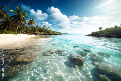 Paradise tropical island with crystal blue water, white sand, palm trees and blue sky. Created with Generative AI technology.