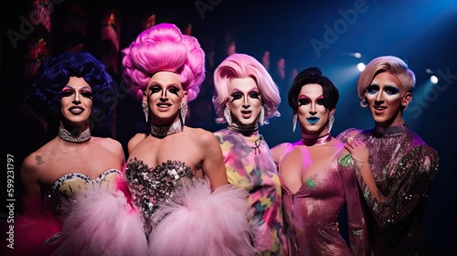 Drag show artists at nightclub entertainment performance, group of men dressed as women at night club stage, drag queens artists with exaggerated femininity, generative AI