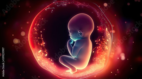 Stampa su tela Child in womb, unborn little baby in utero of mother, development of human fetus