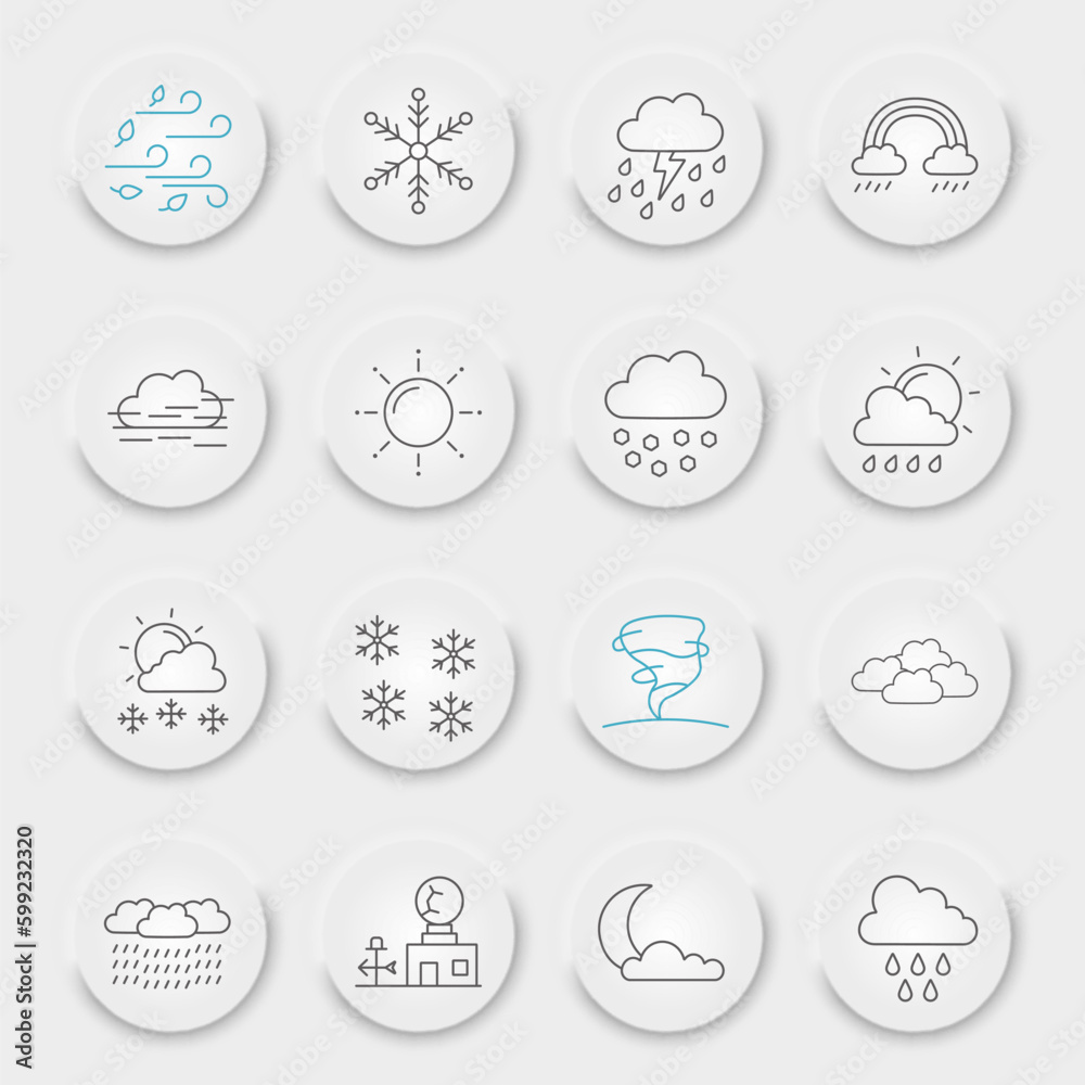 Weather forecast line icon set, climate symbols collection, vector sketches, neumorphic UI UX buttons, meteorology signs linear pictograms package isolated on white background, eps 10. Weather forecast line icon set, climate symbols collection, vector sketches, neumorphic UI UX buttons, meteorology signs linear pictograms package isolated on white background, eps 10.