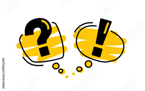 Question and Exclamation mark icon in yellow speech bubble with black line, doodle style.