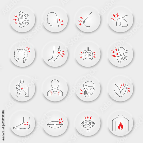 Body pain line icon set, organs ache symbols collection, vector sketches, neumorphic UI UX buttons, sickness signs linear pictograms package isolated on white background, eps 10.