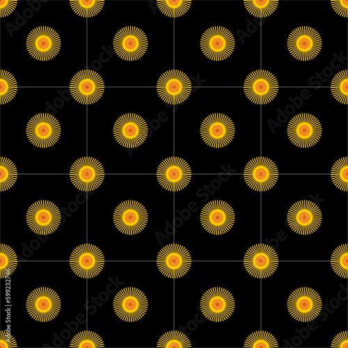 Vector of yellow cycle on black background. Seamless pattern for textile, shirt, fashion, decor, wallpaper.