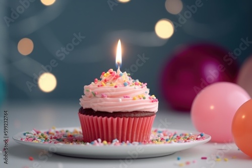 birthday cupcake with candle, ai generative