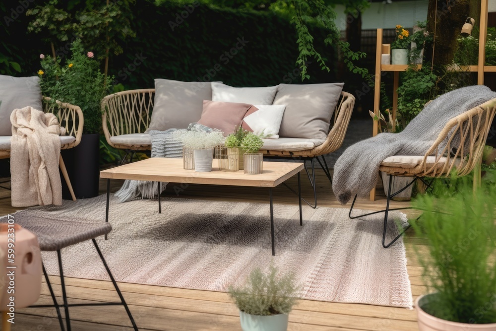 terrace with a comfortable leisure sofa with cushions, table, sofa in the yard and garden , ai generative terrace with a comfortable leisure sofa with cushions, table, sofa in the yard and garden , ai generative