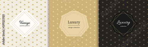 Vector golden patterns set. Luxury ornamental seamless ornaments in traditional Islamic, Oriental, Asian style. Gold abstract floral mosaic background texture. Modern minimal labels. Premium design