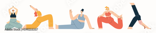 Set of young woman doing yoga and fitness exercises.
