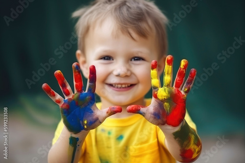 3 year old funny child smiles and shows her hands with colored paints after an afternoon of drawing and painting. Learning. Illustration. Generative AI
