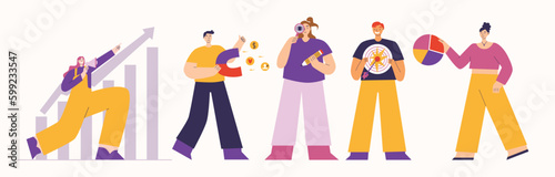 Collection of scenes with men and women taking part in business activities.