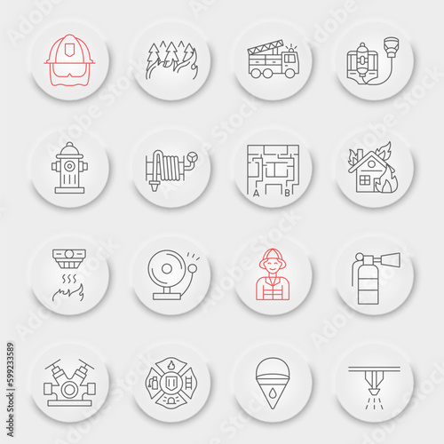 Firefighter line icon set, fireman symbols collection, vector sketches, neumorphic UI UX buttons, fire safety signs linear pictograms package isolated on white background, eps 10.