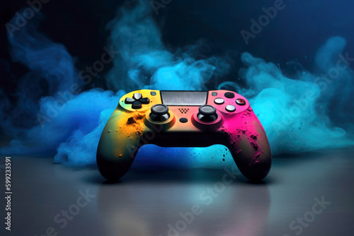 game controller, joystick, gamepad with colorful powder explosion on background .Video games. Illustration. Generative AI