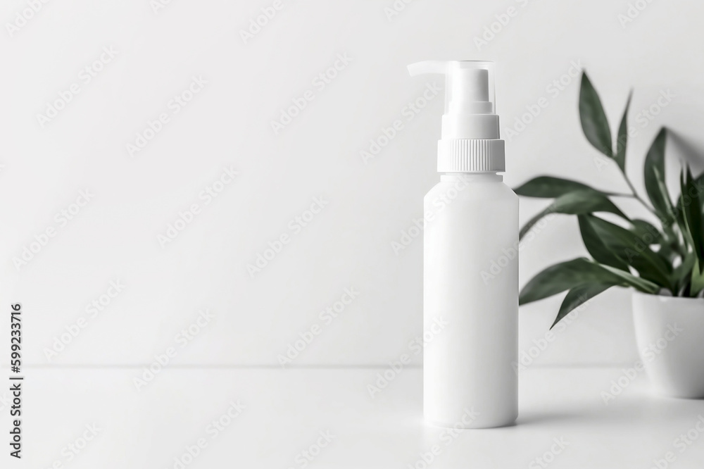 White plastic bottle with dispenser on a light background. Generative AI. White plastic bottle with dispenser on a light background. Generative AI.