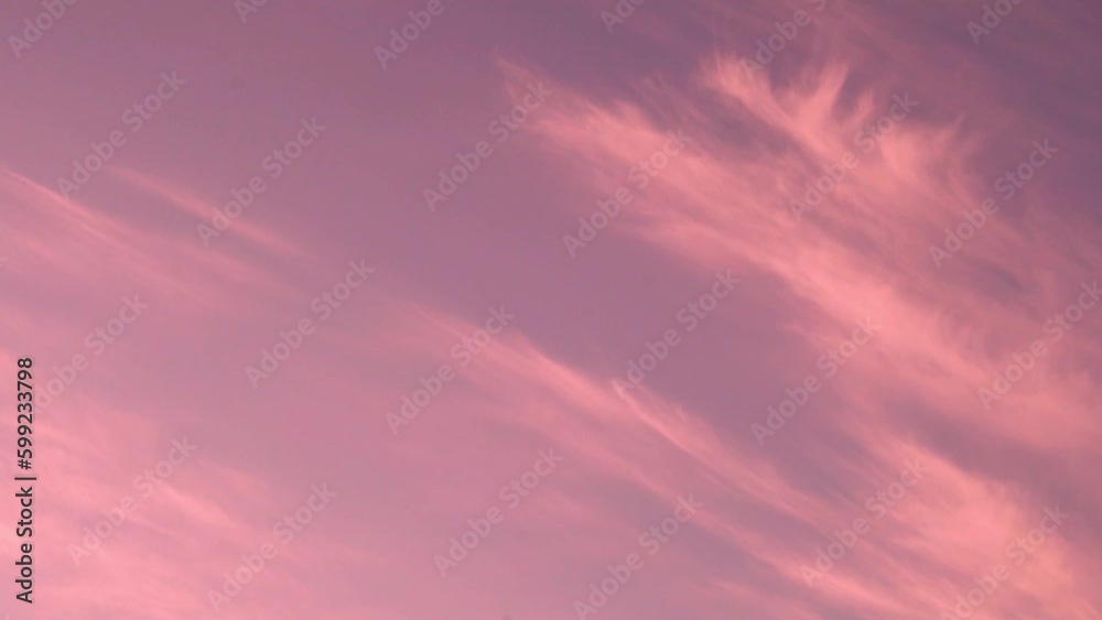Colorful Clear Pure Sky with Pink Feathery Clouds Slow Motion, Beauty, Relax, Clean Atmosphere at Sunset. Beautiful Pure Clear Blue Lilac Skyscraper. Summer Pink Sky and Light Clouds Timelapse. Colorful Clear Pure Sky with Pink Feathery Clouds Slow Motion, Beauty, Relax, Clean Atmosphere at Sunset. Beautiful Pure Clear Blue Lilac Skyscraper. Summer Pink Sky and Light Clouds Timelapse.