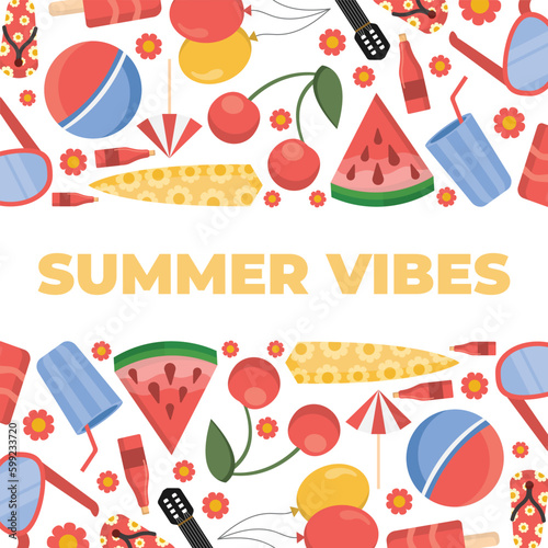 summer horizontal baner. beach items, summer vacation. sunglasses, ball, surfboard, champagne, guitar, umbrella, watermelon, slates, ice cream, cherry, drink. vetor cartoon simple flat objects