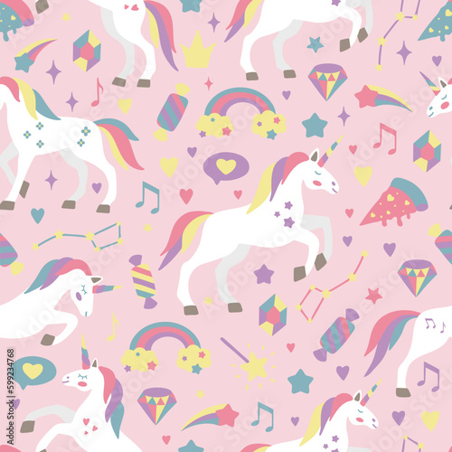 Hand drawn seamless vector pattern with cute unicorns, stars, hearts, diamonds. Perfect for fabric, wallpaper, wrapping paper or nursery decor.