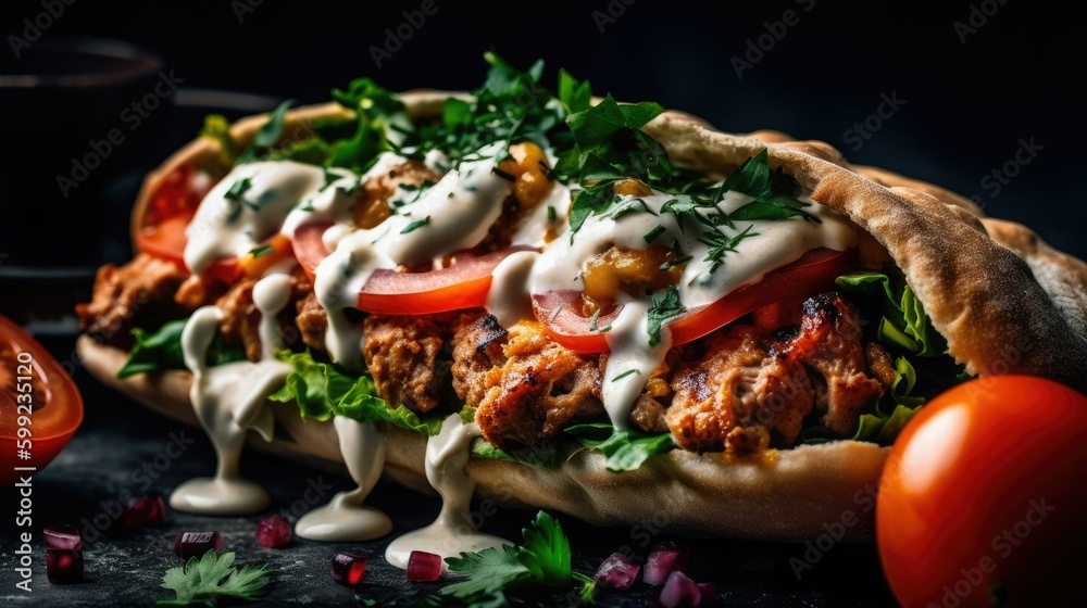 Chicken sandwich with salad and sauce, generative AI Chicken sandwich with salad and sauce, generative AI