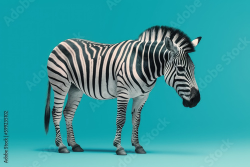 African Safari Encounter. Captivating full body zebra with a striking pattern  isolated on blue pastel background. Copy space. Nature concept AI Generative