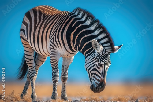 African Safari Encounter. Captivating full body zebra with a striking pattern, isolated on blue pastel background. Copy space. Nature concept AI Generative