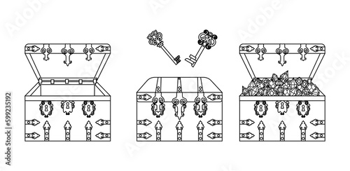 Set of antique chests with an open and closed led, full of shiny gold bars, empty. Pirate Treasure, a collection of vintage chests and old keys. Vector illustration in a linear style. Coloring book