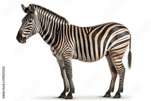 African Safari Encounter. Captivating full body zebra with a striking pattern  isolated on white background. Copy space. Nature concept AI Generative