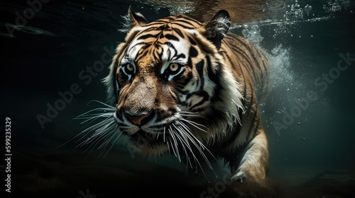 Underwater close up of a diving bengal tiger, generative AI