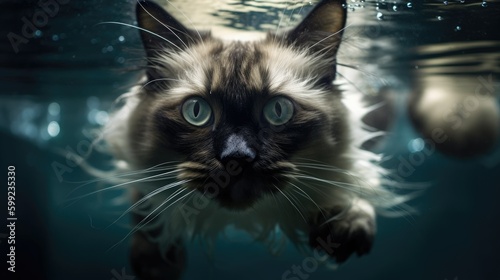 Underwater view of diving birman cat, generative AI