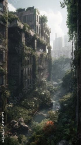 Jungle ruins of a postapocalyptic city  generative AI