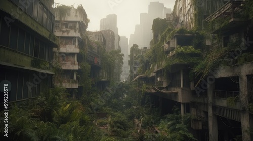 Jungle ruins of a postapocalyptic city, generative AI photo