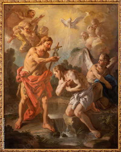 NAPLES, ITALY - APRIL 22, 2023: The painting of Batptism of Christ in the church Chiesa della Pietà dei Turchini by Francesco De Mura (1732).
