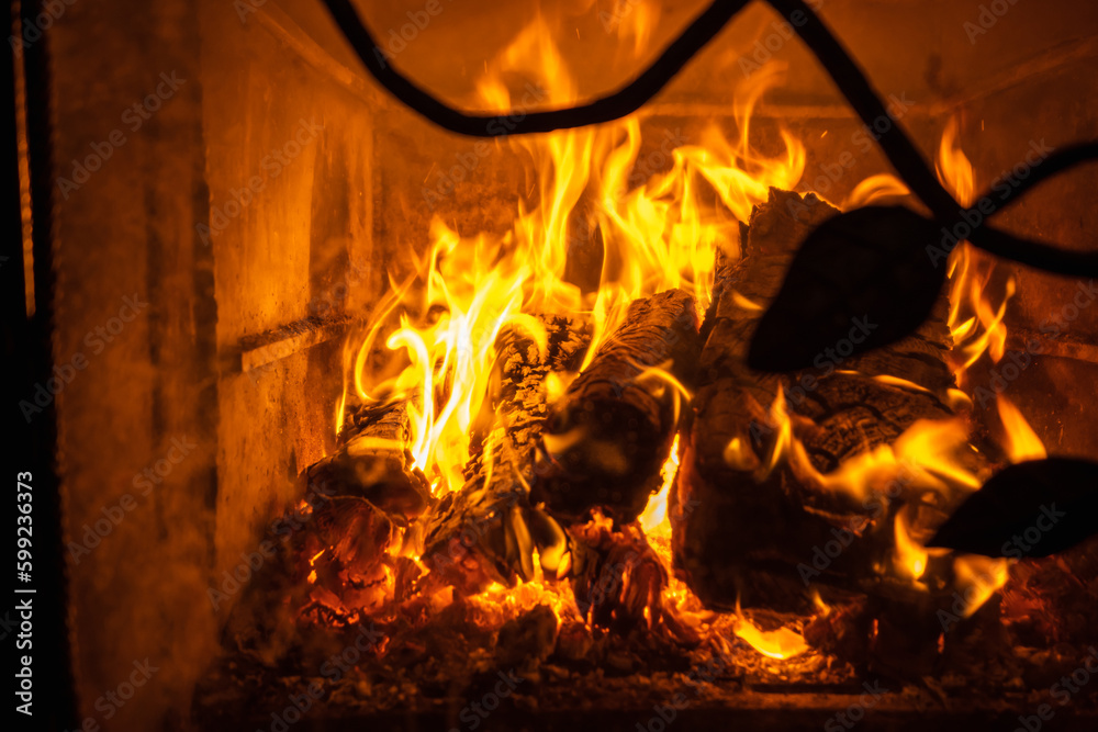 Fire flames in fireplace background