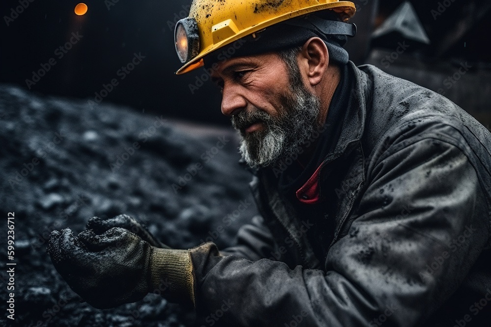 A coal miner grasping a chunk of coal, with black dust on their face and work clothes, in a dimly lit mine. Generative AI - obrazy, fototapety, plakaty 